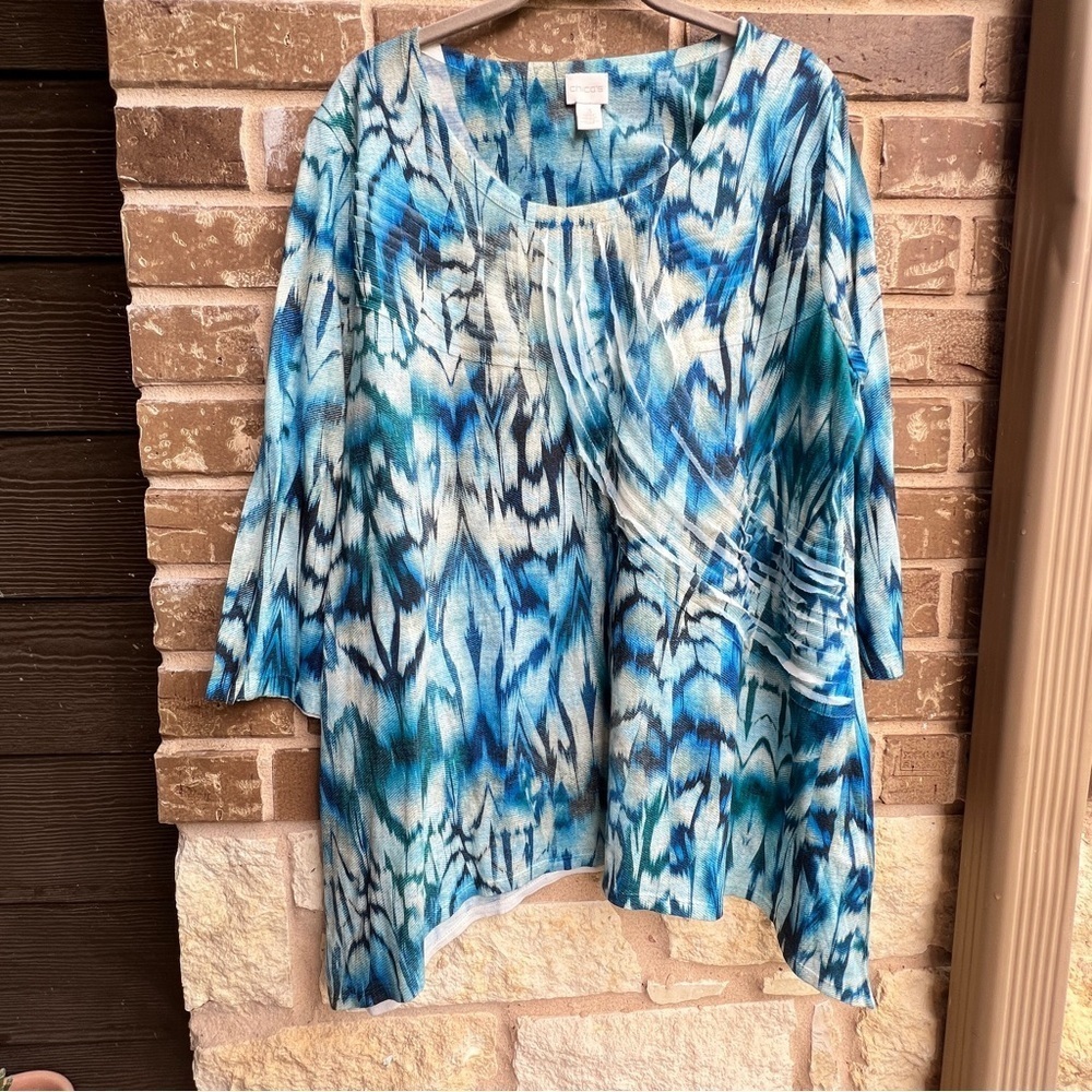 Chico's Women's Blue and Cream Scoop Neck 3/4 Sleeves Blouse, XL - Picture 3 of 6